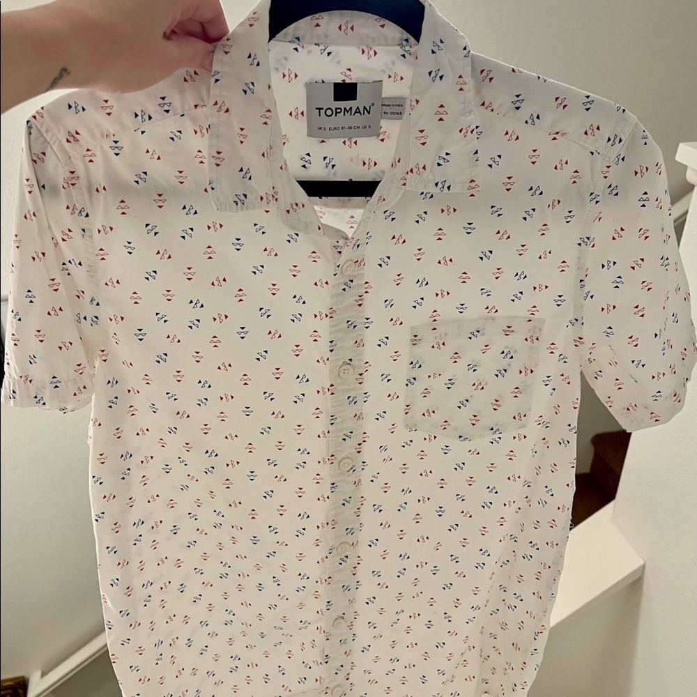 Topman white collared geometric minimal patterned button up tshirt